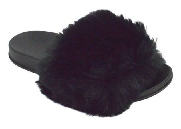 Wholesale Footwear Women's Fuzzy Faux Fur Cozy Flat Spa Slide Slippers Comfy Open Toe Slip On House Shoes In Black