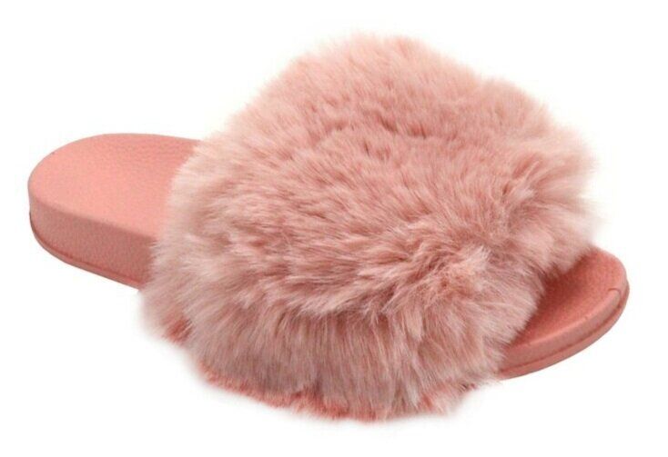 12 Wholesale Women's Fuzzy Faux Fur Cozy Flat Spa Slide Slippers Comfy Open Toe Slip On House Shoes In Pink