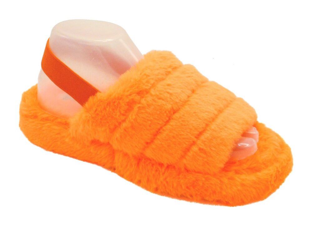 12 Wholesale Women's Fluff Slide Slipper With Elastic Band Open Toe Slippers In Orange