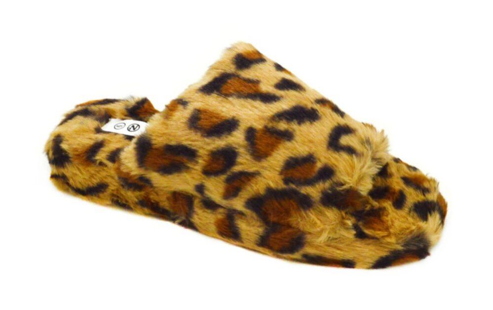12 Wholesale Women's Plush Faux Fur Fuzzy Slide On Open Toe Slipper In Leopard Print