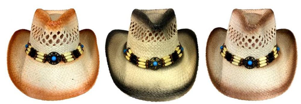 24 Wholesale Paper Straw Cowboy Hat [open Weave/beaded Hat Band]