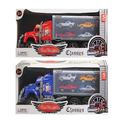 6 Wholesale 13 Inch Trailer Truck With 4 Pieces 3 Inch Racing Car In Open Box