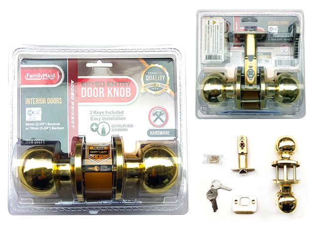 24 Pieces of Keyed Door Knob Locking Round, Polished Brass Gold