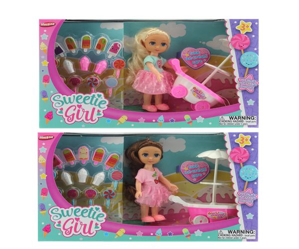 12 Wholesale 6 Inch Girl With Ice Cream Cart And Accessories In Window Box