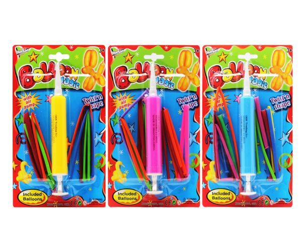 144 Wholesale 10 Piece Long Balloon With Pumping Set On Card Assorted