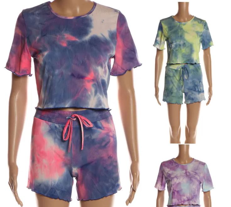 48 Pieces of Womens Tie Dye Printed Short Sleeve Tops And Shorts Set