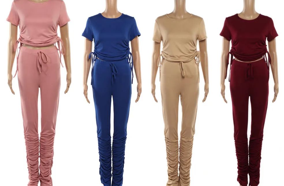 48 Pieces of Women 2 Piece Pure Color Suit Short Sleeve Leisure Pocket Home Sweatpants Sets