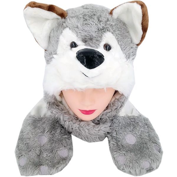 10 Pieces of Soft Plush Brown Eared Wolf Animal Character Built In Paws Mittens Hat