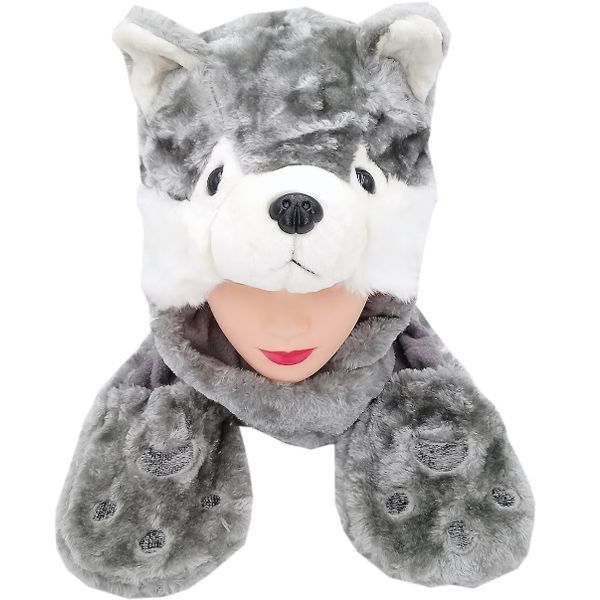 10 Pieces of Soft Plush Wolf Animal Character Built In Paws Mittens Hat