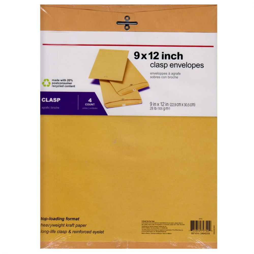 48 Pieces of Office Depot 9 X 12 Kraft Clasp Manila Envelopes With Metal Closure And Gummed Flap 4 Packs