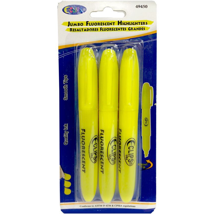 24 Pieces of Jumbo Size Fluorescent Yellow Highlighters Chisel Tip 3 Pack
