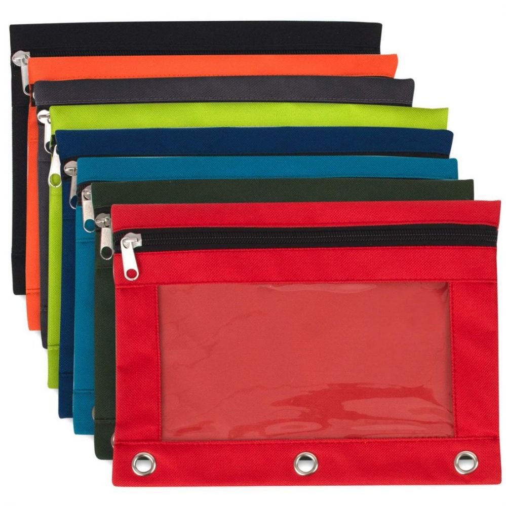 96 Wholesale 3 Ring Reinforced Zip Up Pencil Pouch With Translucent Window Assorted Colors