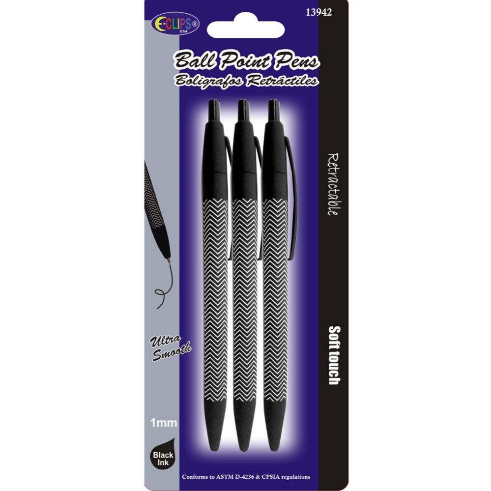 48 Wholesale Ballpoint Pens With Chevron Pattern Print Black Ink 3 Pack
