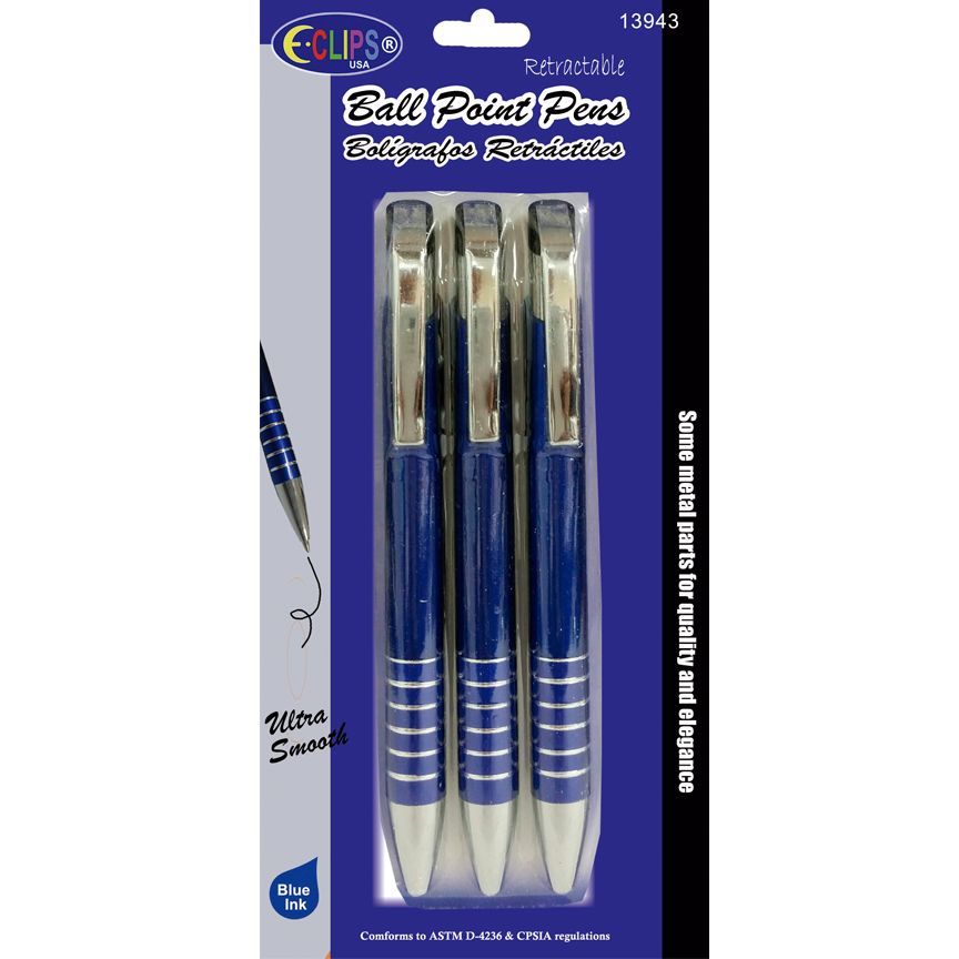 48 Wholesale Retractable Ballpoint Pens With Blue Ink 3 Pack