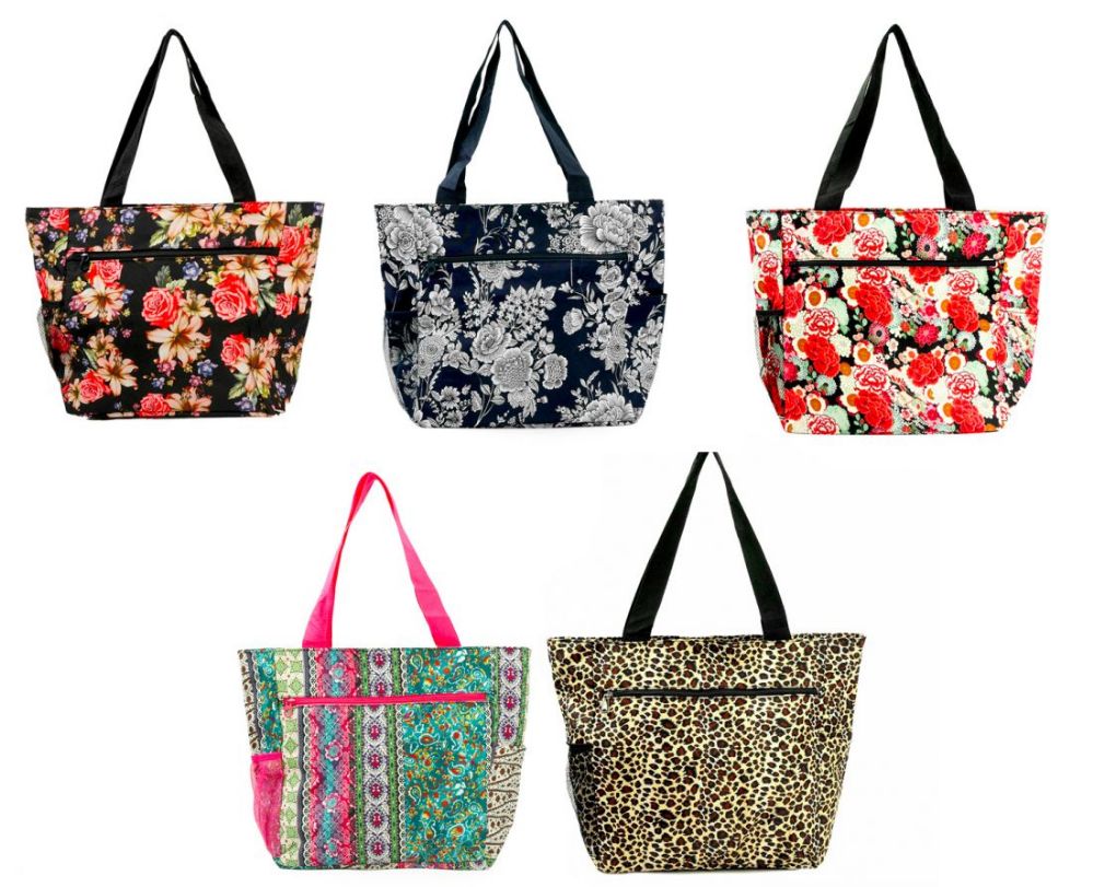 24 Wholesale 18 Inch Large Printed Tote Bag With Insulated Liner And Cargo Zipper Pockets