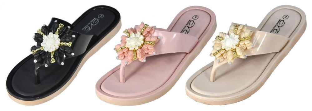 Wholesale Footwear Women's Mini Wedge Gizeh Slide Sandals With Jewel And Flower Embellishment