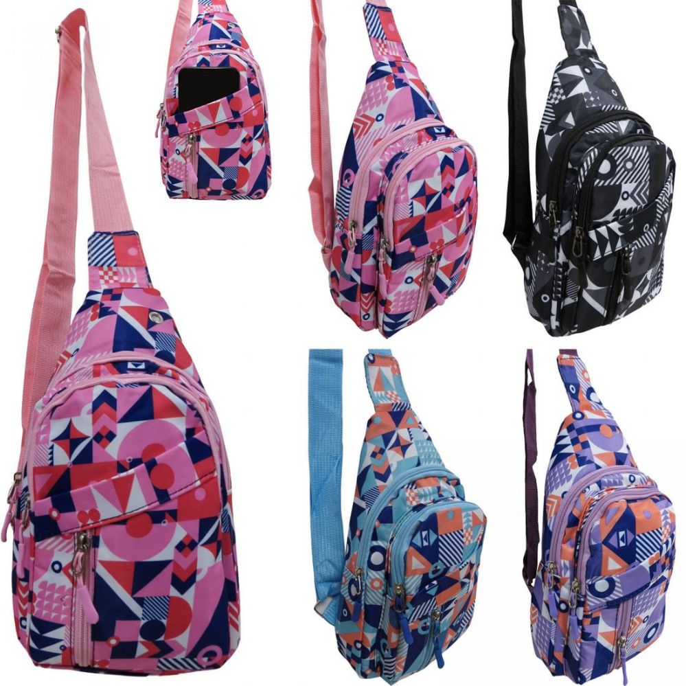 24 Wholesale Men And Women's Printed Sling Bags With Cargo ZiP-Up Pockets 80s Fashion Print
