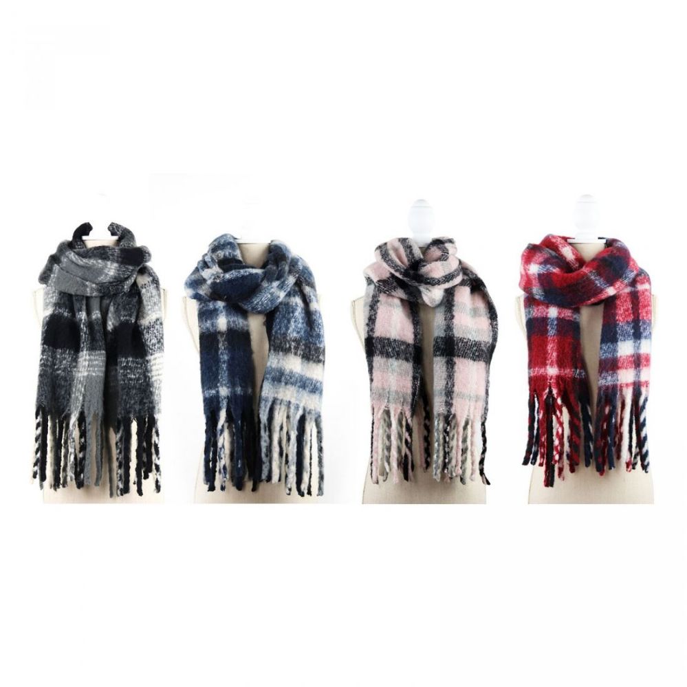 12 Wholesale Jack And Missy Oversized Plaid Scarves With Fringed Ends