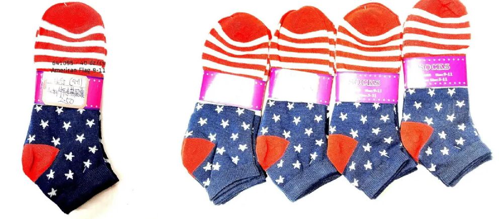 240 Wholesale Women Ankle Socks American Flag Design Assorted Color Size 9 - 11