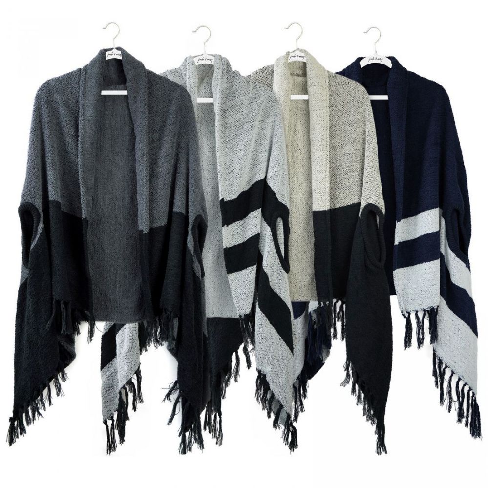 12 Wholesale Jack And Missy Alpine Poncho Shawl Wraps With Two Tone Stripes And Fringed Ends