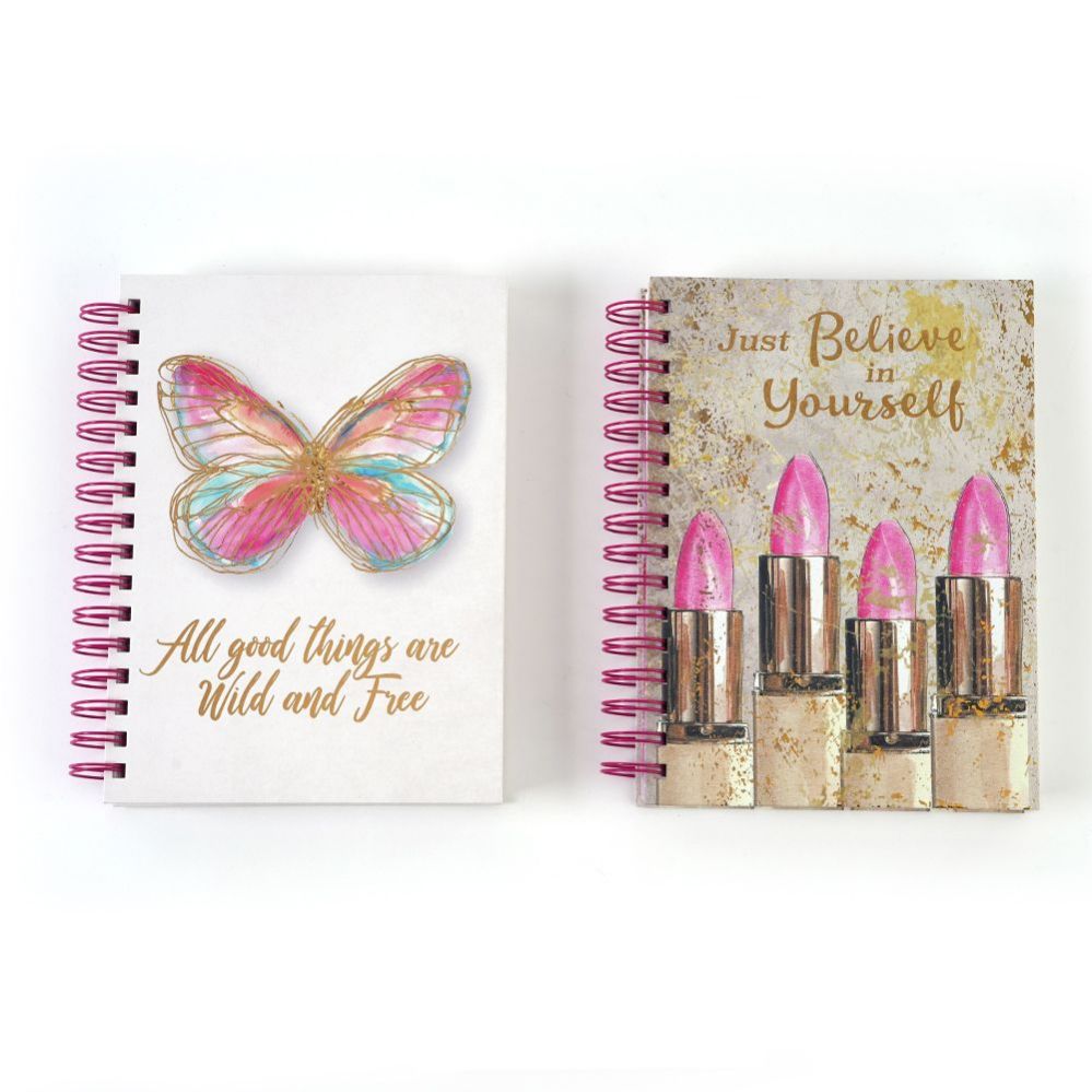 24 Pieces of 160 Sheet Jumbo Spiral Embroidered Journals With Butterfly And Makeup Print