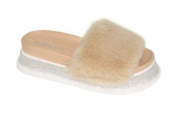 12 Wholesale Womens Sliders Comfy Soft Plush Open Toe Indoor Outdoor Bedroom Beige Size 6-10