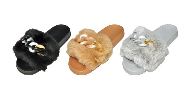 36 Wholesale Women's Barbados Slide Sandals With Faux Fur Strap And Chain Link Embellishment