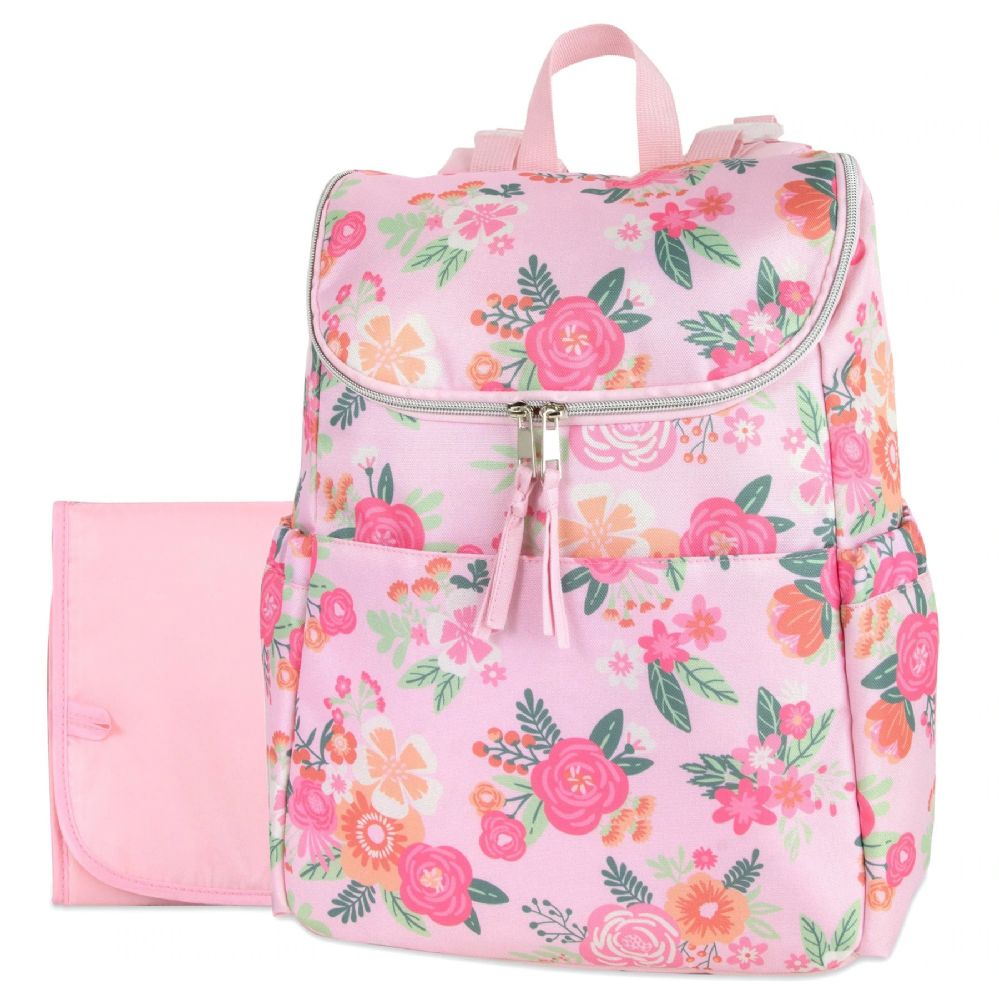 12 Pieces of Baby Essentials Wide Opening Diaper Backpack - Pink Floral