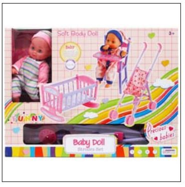 4 Pieces of Girls Toys Baby Doll Crib, Stroller Seat In B