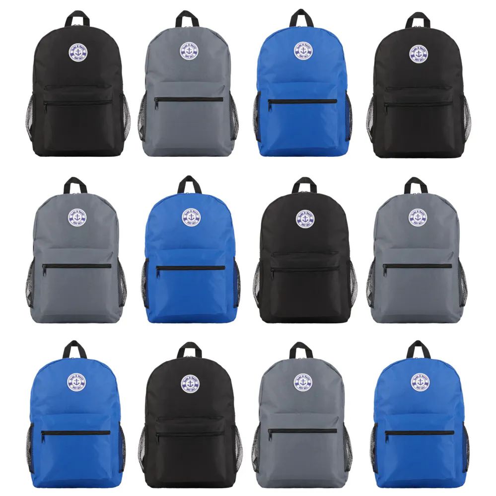 72 Wholesale Yacht & Smith 17inch Water Resistant Assorted Dark Color Backpack With Adjustable Padded Straps