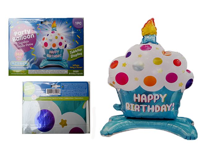 144 Wholesale Balloon With Stand, Happy Birthday Cupcake