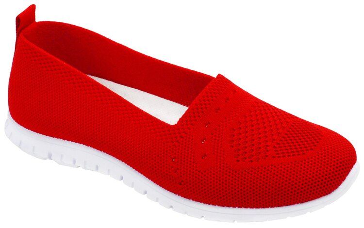 12 Wholesale Women Slip On Loafers Breathable Knit Casual Flat Walking Shoes Color Red Size 6-10