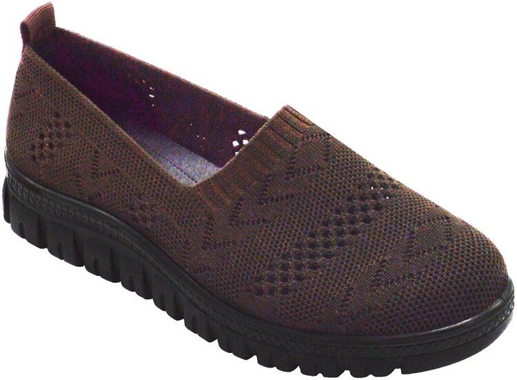 12 Wholesale Women Slip On Loafers Breathable Knit Casual Flat Walking Shoes Color Brown Size 6-10