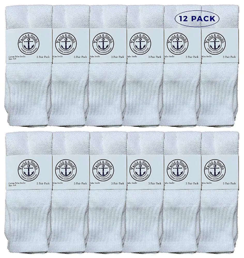 12 Pairs of Yacht & Smith Kids 12 Inch Cotton Tube Socks Solid White Size 6-8