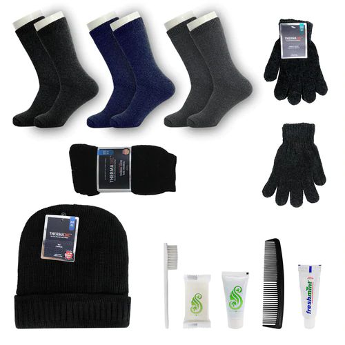 12 Sets 12 Set Wholesale Bundle For Personal Use, Homeless, Charity, And Travel - Bulk Case Of 12 Pairs Of Socks, 12 Pairs Of Gloves, 12 Hygiene Kits, 12 Beanies - Bundle Care Sets