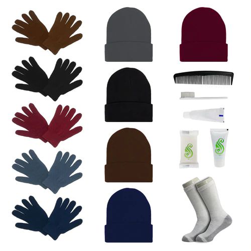 24 Sets 24 Set Wholesale Bundle For Personal Use, Homeless, Charity, And Travel - Bulk Case Of 24 Beanies, 24 Pairs Of Gloves, 24 Pairs Of Socks, 24 Hygiene Kits - Bundle Care Sets
