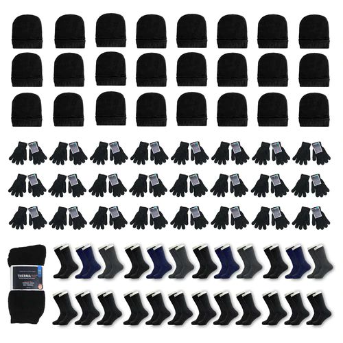 24 Wholesale 24 Set Wholesale Bundle For Personal Use, Homeless, Charity, And Travel - Bulk Case Of 24 Beanies, 24 Pairs Of Gloves, 24 Pairs Of Socks