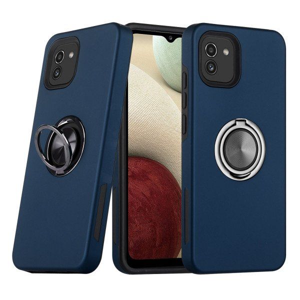 12 Wholesale Dual Layer Armor Hybrid Stand Ring Case For Samsung Galaxy A03 In Blue
