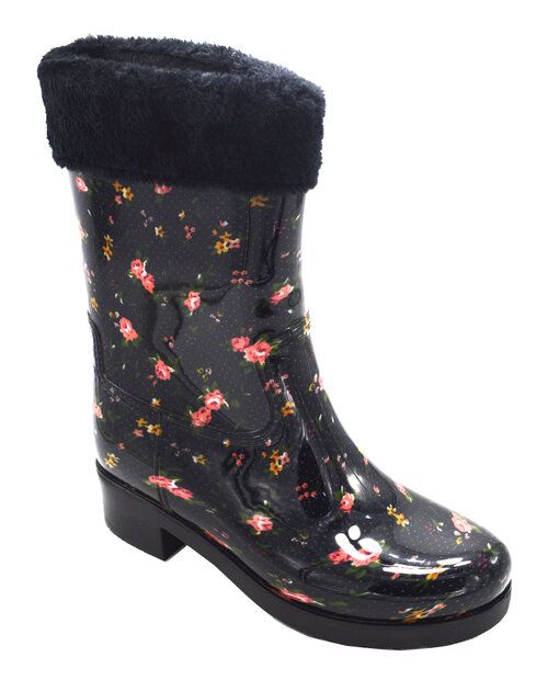 12 Wholesale Womens Rain Boots Flowers Designed Lightweight Color Black Size 5-10