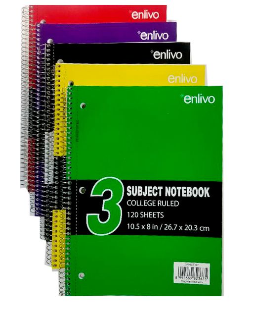 24 Packs of 3 Subject College Ruled Spiral Notebook - 120 Sheets, 5 Colors