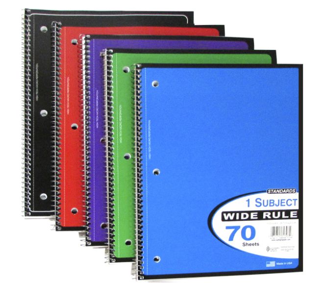 24 Wholesale 1 Subject Spiral Notebook - 70 Sheets, Wide Ruled, 5 Colors