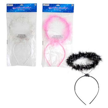 24 Wholesale Angel Halo Headband 3ast Clrsw/feather & Tinsel/pbh12pc White/6pc Pink/6pc Black