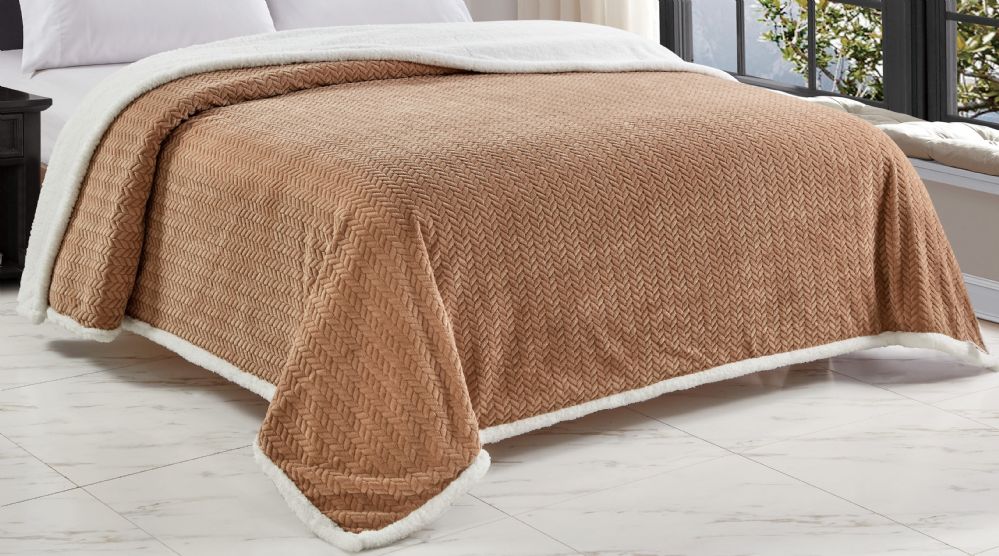 4 Pieces of Heavy And Plush Chevron Braided King Size Microplush Jacquard Blanket With Sherpa Backing In Mocha
