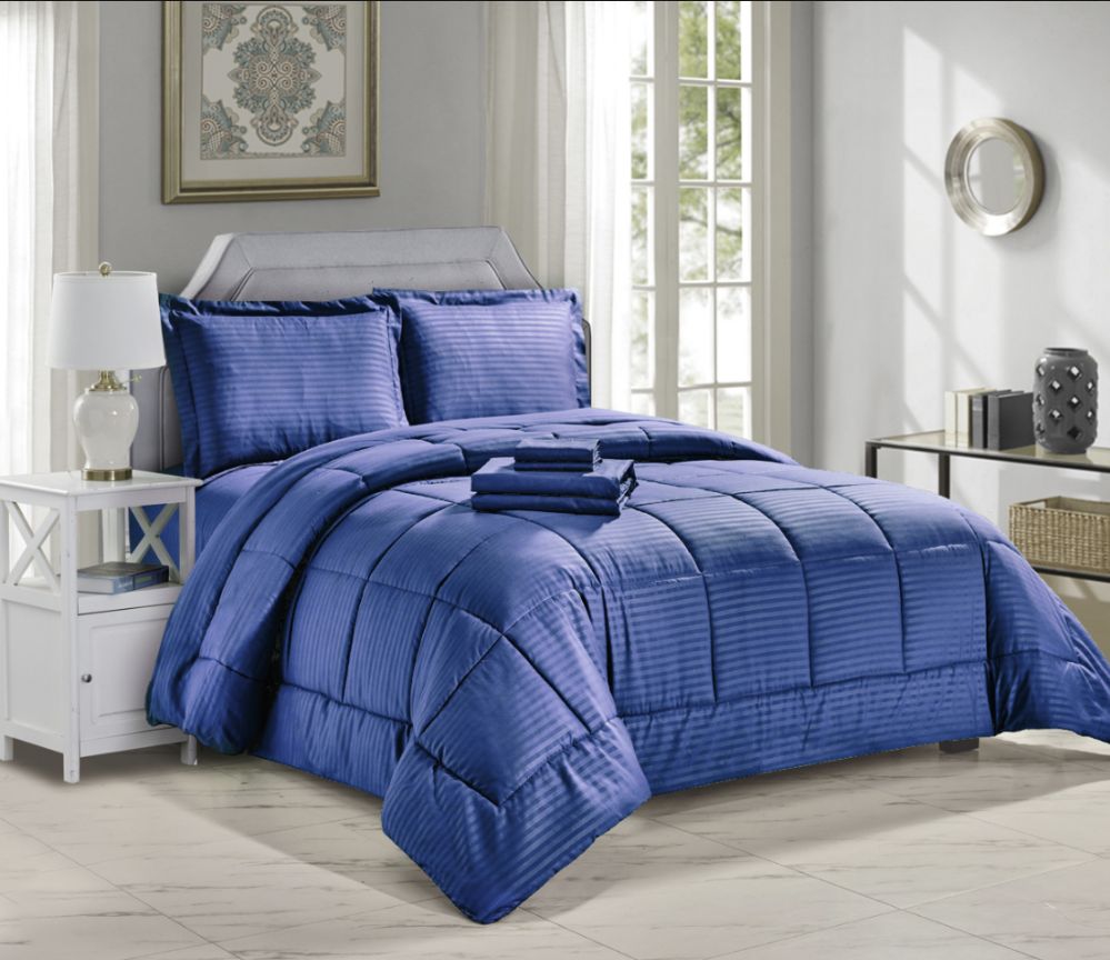 3 Wholesale 8 Piece Bed In A Bag Hotel Collection Alternative Comforter Set Embossed In Navy Queen Size