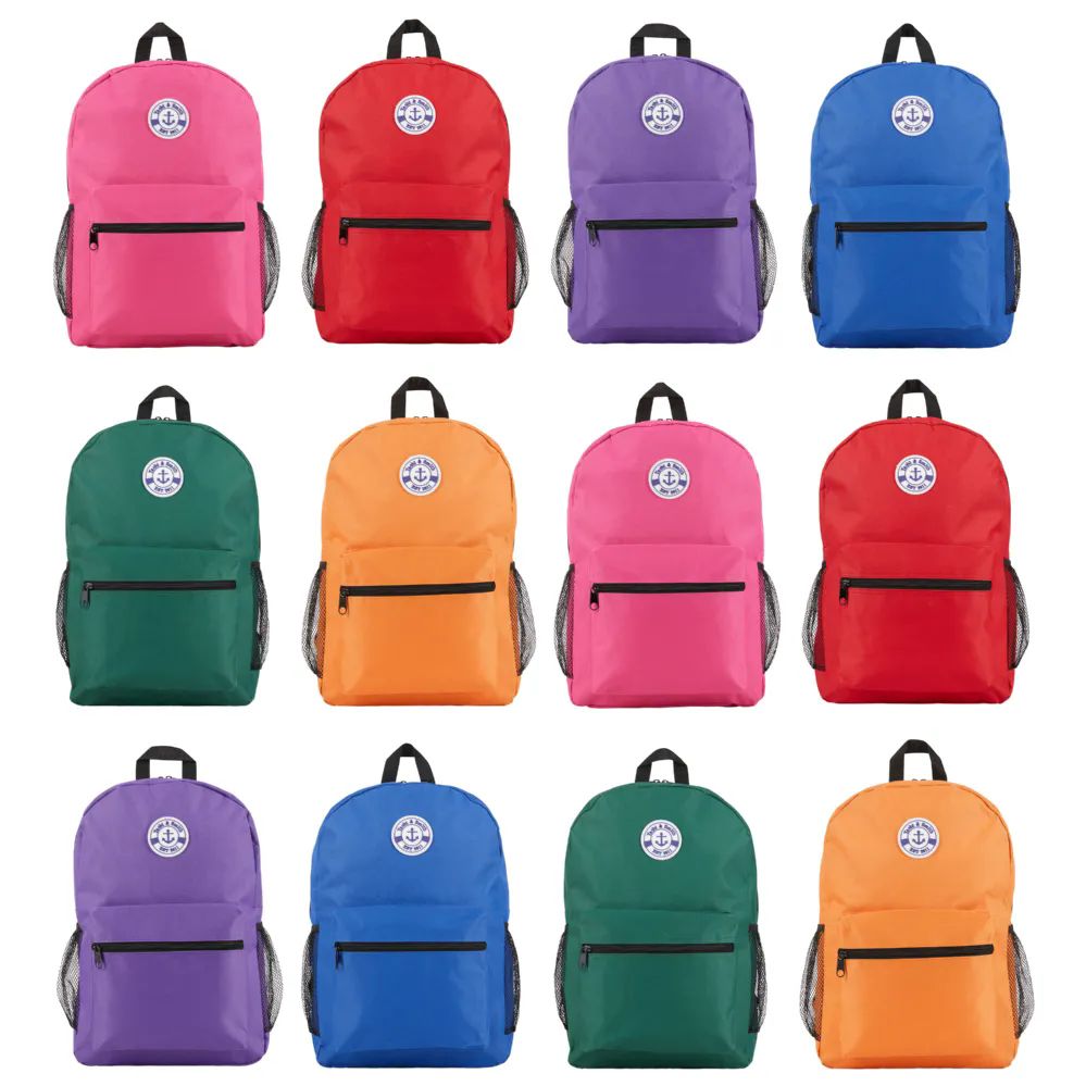 24 Wholesale Yacht & Smith 17inch Water Resistant Assorted Color Backpack With Adjustable Padded Straps