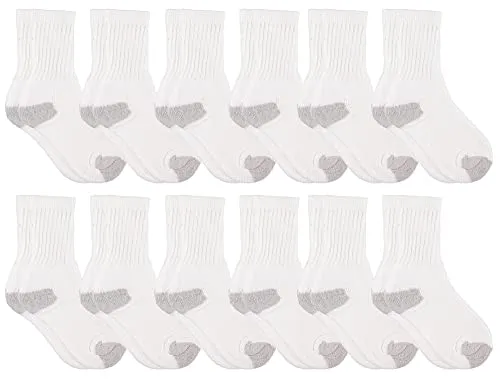 12 Pairs of Yacht & Smith Kid's Cotton Terry Cushioned White With Gray Heel/toe Crew Socks