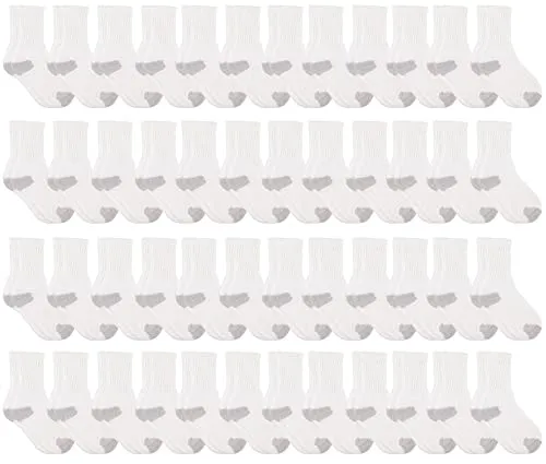 48 Pairs of Yacht & Smith Kid's Cotton Terry Cushioned White With Gray Heel/toe Crew Socks