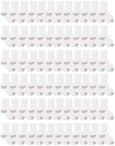 72 Pairs of Yacht & Smith Kid's Cotton Terry Cushioned White With Gray Heel/toe Crew Socks