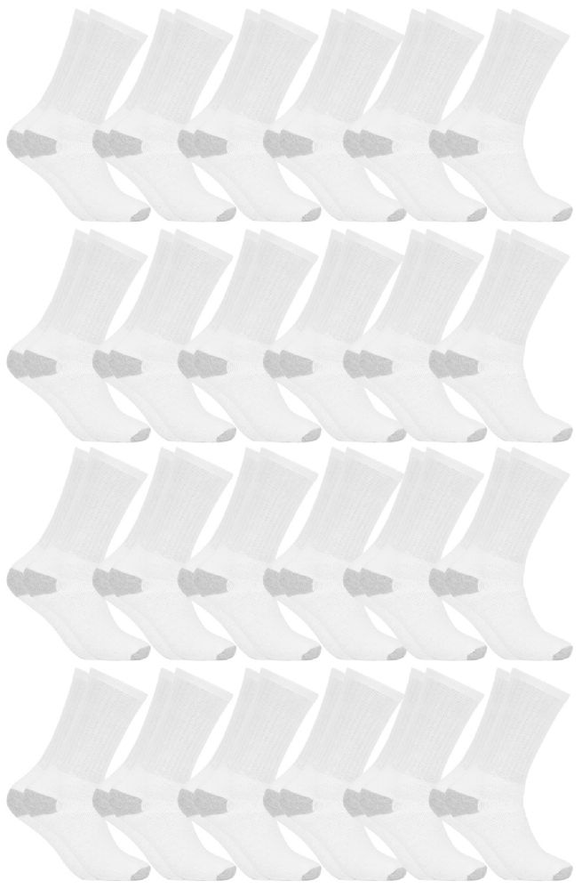 24 Wholesale Men's Cotton Crew Socks, White With Gray Heel Toe, Size 10-13