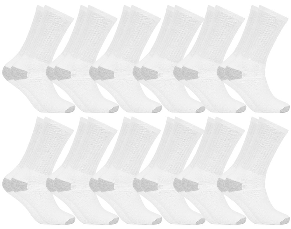 12 Wholesale Men's Cotton Crew Socks, White With Gray Heel Toe, Size 10-13